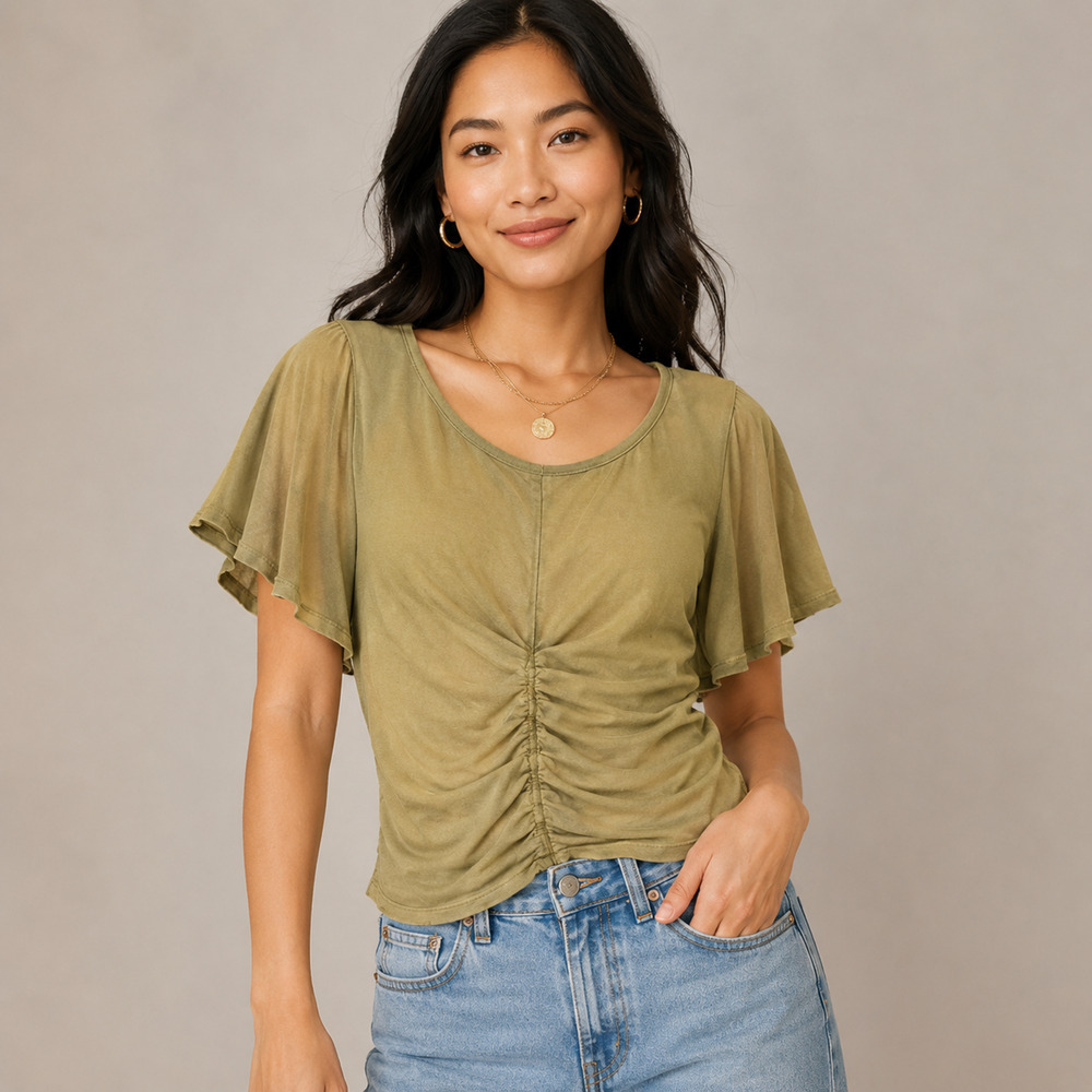 Anthropologie Pilcro Cinched Wedge Tee Olive Green Ruched Front Modal Top Medium